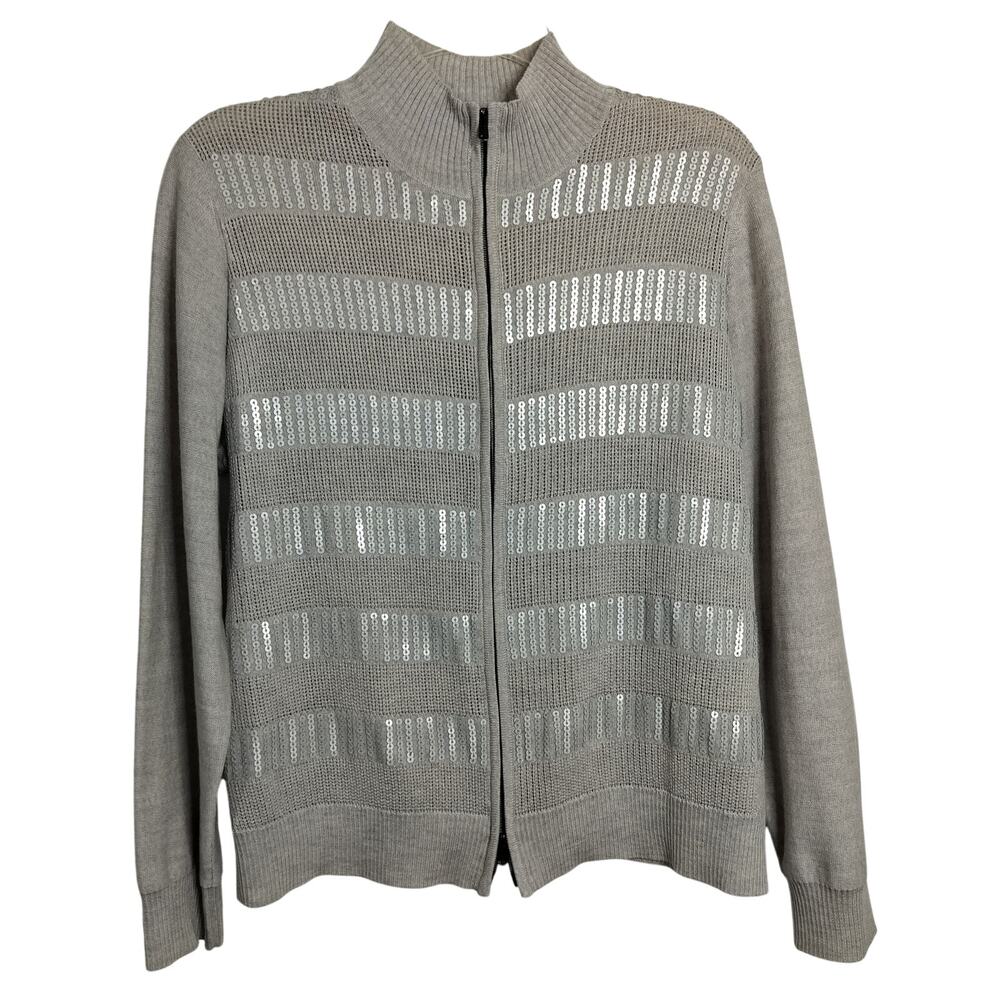 5006) St John Gray Knitted Wool Zip Up Sequin Mock Neck Sweater Large